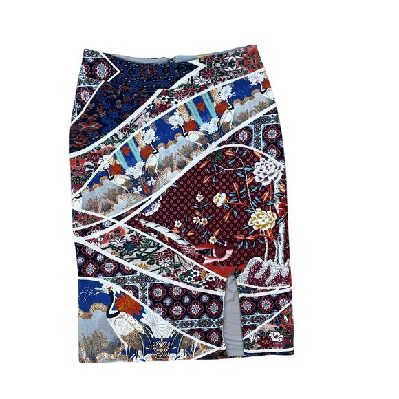 Maeve Anthropologie Pencil Skirt M Multicolor Asian Bird Floral Print Midi Slit - Picture 1 of 8